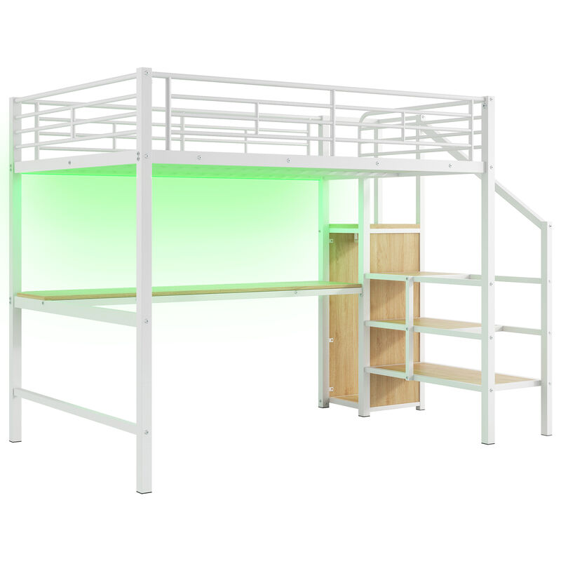 Whisen Full Size Metal Loft Bed with Desk, Storage Staircase, Small Wardrobe and LED Light