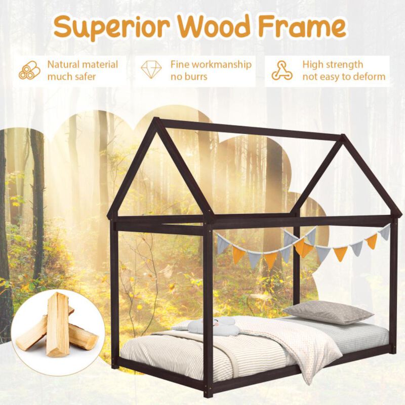 Hivvago Twin Size Kids House Bed Wood Frame with Roof