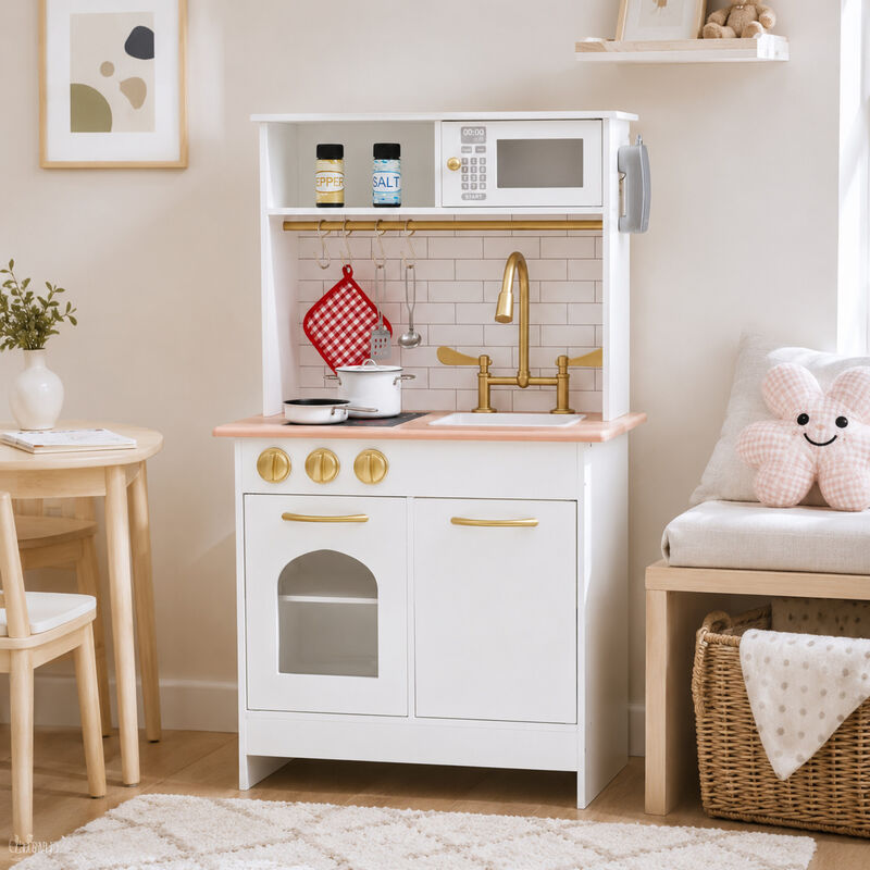 Teamson Kids Little Chef Boston Small Wooden Play Kitchen with Oven, Microwave, Sink, Clicking Knobs, Utensil Hooks and 9 Accessories image number 4