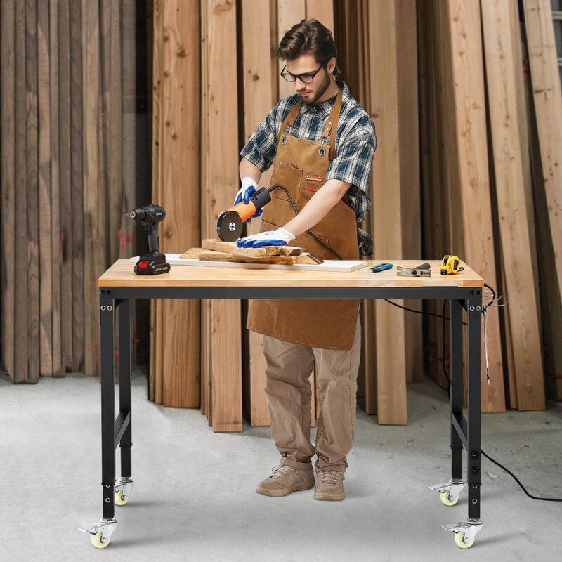 Adjustable Workbench with Power Outlet, Pegboard and Wheels Heavy Duty Wood Top image number 1