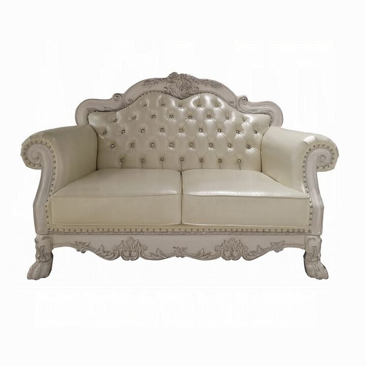 Ally Loveseat with 3 Pillows, 64 Inch Wood, Vintage White Faux Leather