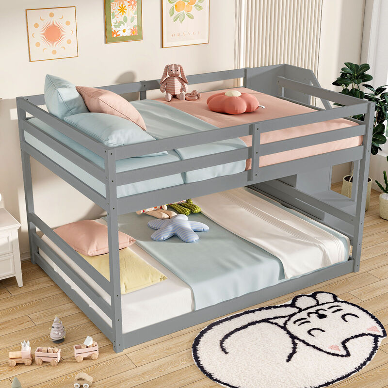 Full Over Full Low Bunk Bed Solid Wood Frame with Storage Stairs image number 3
