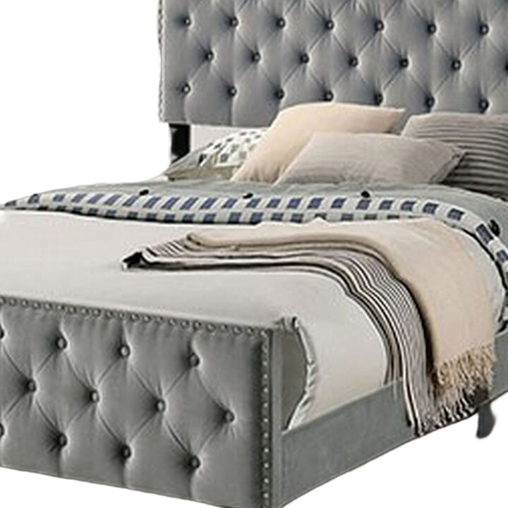 Agapi California King Bed, Button Tufted, Nailhead Trim, Gray Upholstery - Benzara