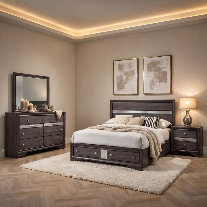 Cevy 4pc Queen Bedroom Set with Dresser, Silver Accents, Gray Wood