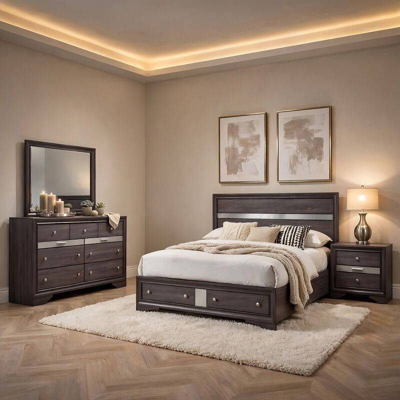 Cevy 4pc Queen Bedroom Set with Dresser, Silver Accents, Gray Wood image number 1