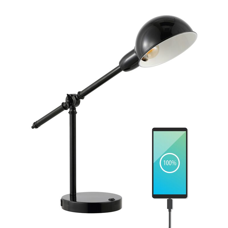 Curtis Vintage Industrial Iron Adjustable Dome Shade LED Task Lamp with USB Charging Port