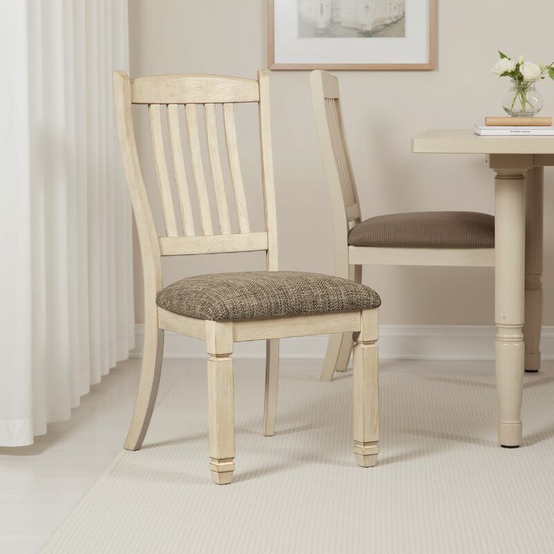 Bolan Dining Side Chair Set of 2 with Rake Back, Polyester, White Wood - Benzara