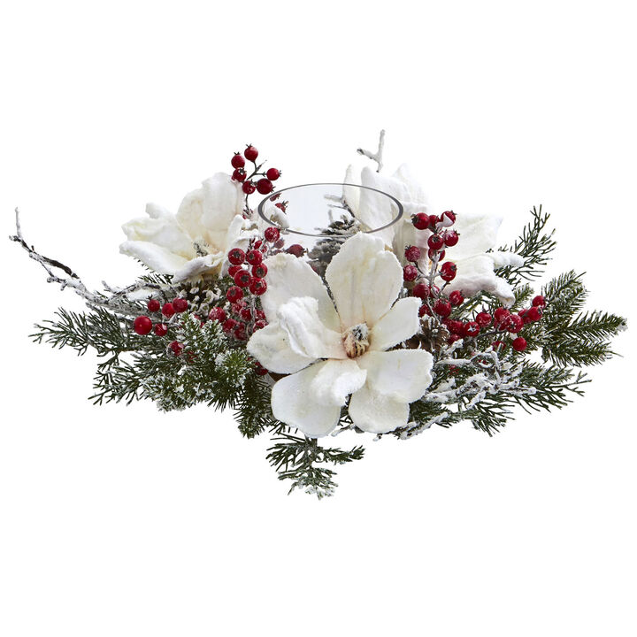 Nearly Natural 17-in Frosted Magnolia & Berry Artificial Arrangement Candelabrum