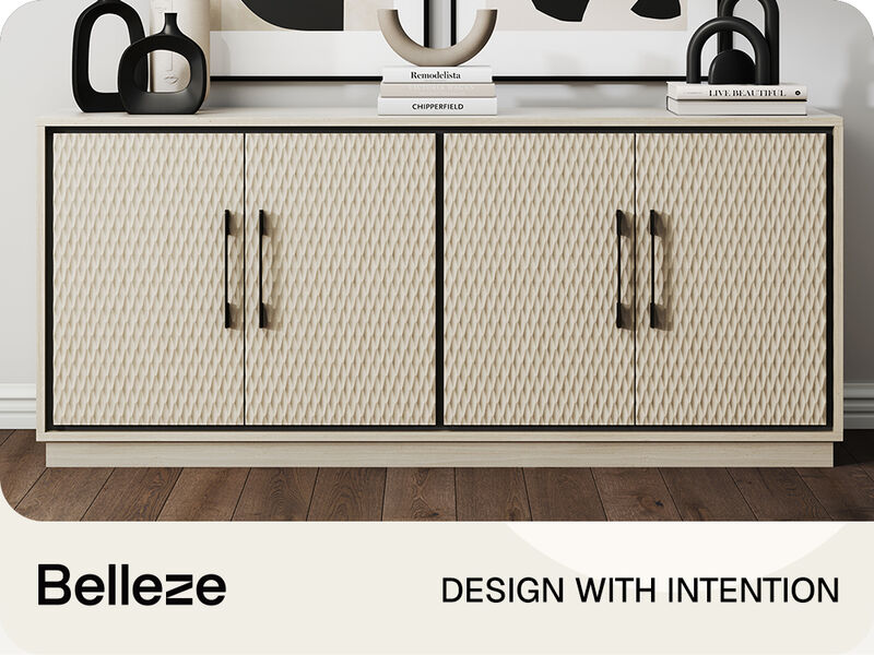 BELLEZE 65-Inch Embossed Buffet Cabinet with Storage, Mid Century Modern Sideboard Large Buffet Console Table for Dining Room, Kitchen, and Living Room (White Lotus)