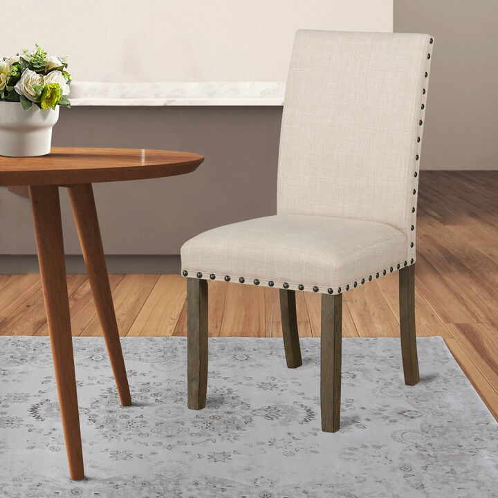 19 Inch Beige Fabric Dining Chair, Set of 2, Rustic Brown, Nailhead Trim - Benzara