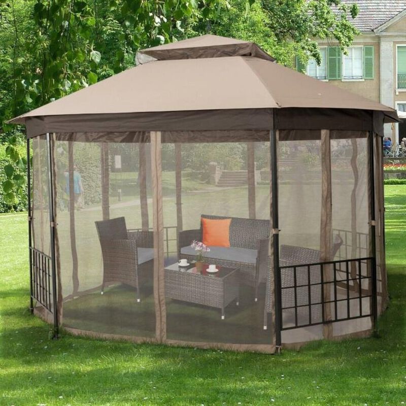 Hivvago Outdoor 10 x 12 Ft Octagon Gazebo with Mosquito Net Sidewalls and Beige Canopy