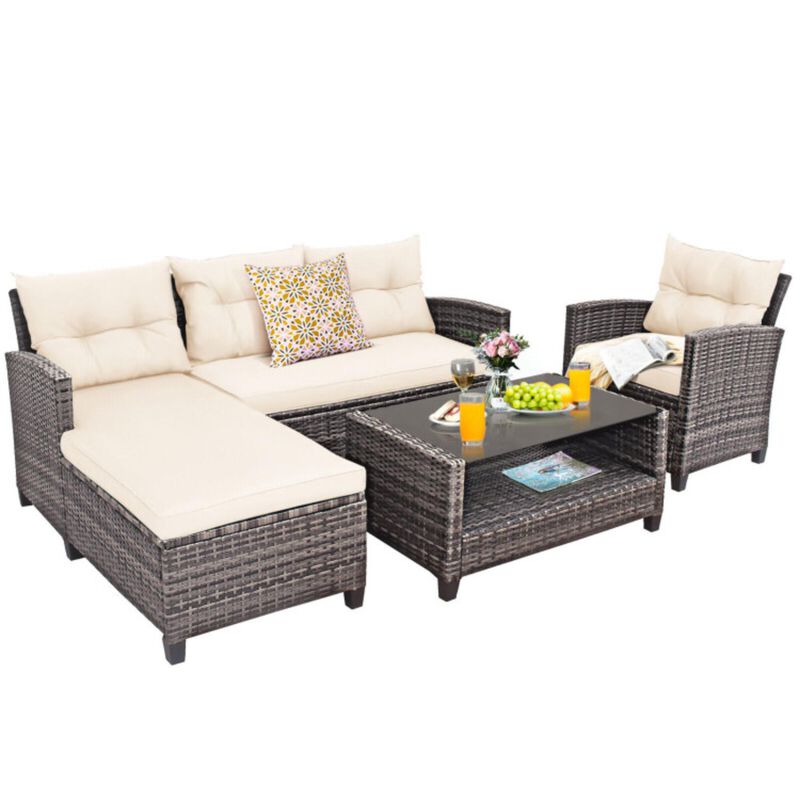 Hivvago 4 Pieces Patio Rattan Sofa Furniture Set with Cushion and 2-Tier Coffee Table