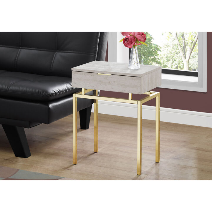 Monarch Specialties I 3463 Accent Table, Side, End, Nightstand, Lamp, Storage Drawer, Living Room, Bedroom, Metal, Laminate, Beige Marble Look, Gold, Contemporary, Modern