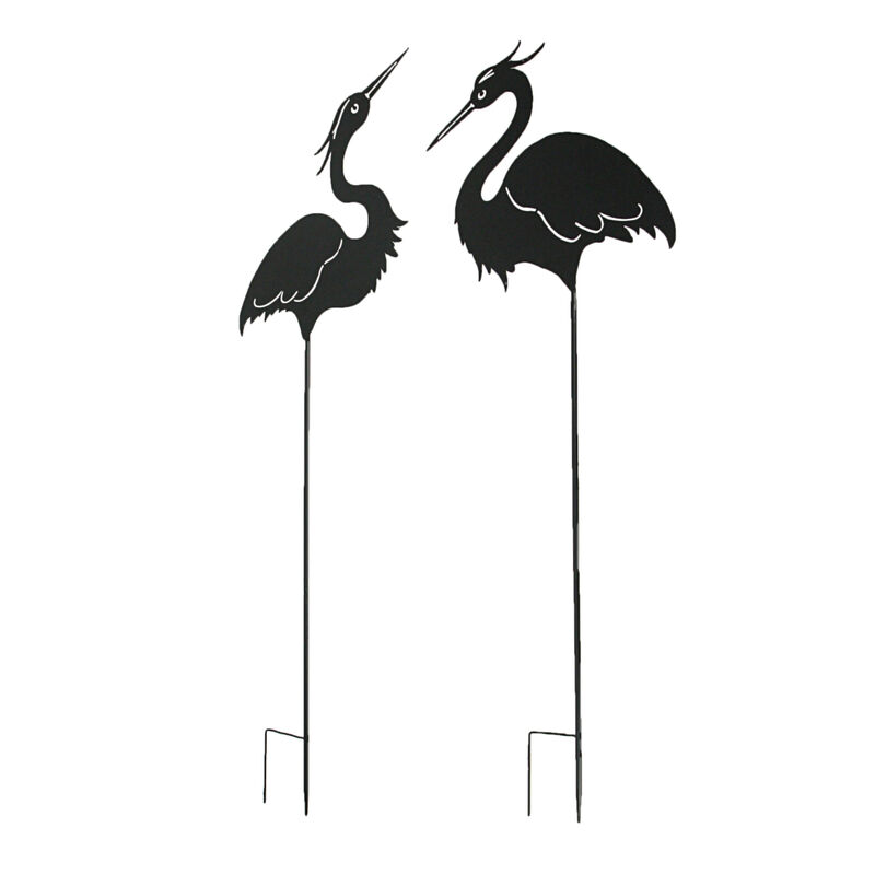 Set / 2 Black Laser-Cut Heron Silhouette Cutout Metal Bird Garden Stakes 43 Inch image number 0