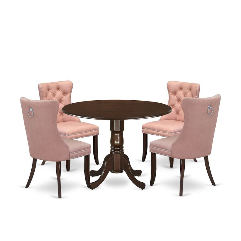 5 Piece Dining Room Set Consists of a Round Solid Wood Table with Dropleaf