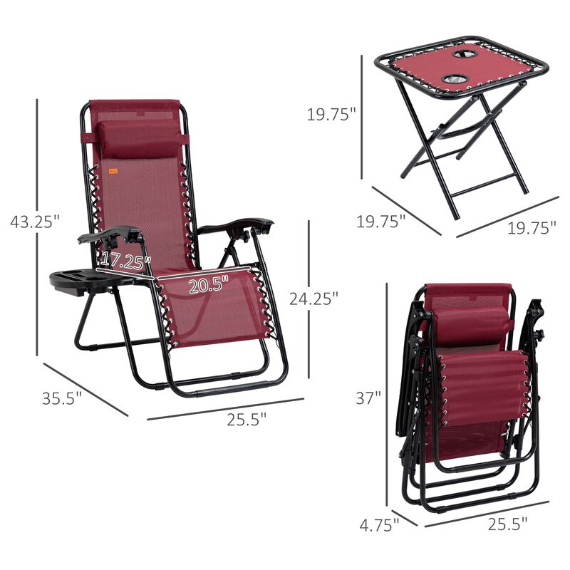 Outsunny Zero Gravity Chair Set with Side Table, Folding Reclining Chair with Cupholders & Pillows, Adjustable Lounge Chair for Pool, Backyard, Lawn, Beach, Red