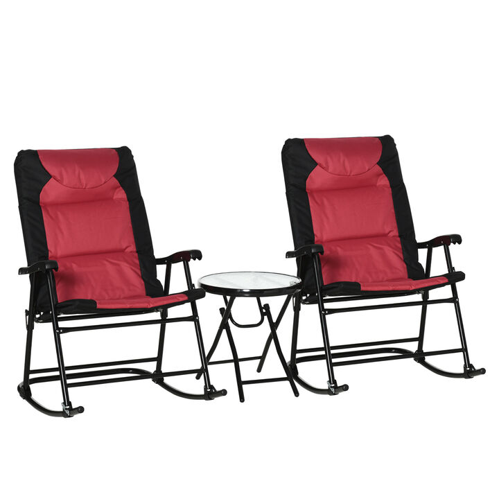 Outsunny 3 Piece Outdoor Patio Furniture Set with Glass Coffee Table & 2 Folding Padded Rocking Chairs, Bistro Style for Porch, Camping, Balcony, Red