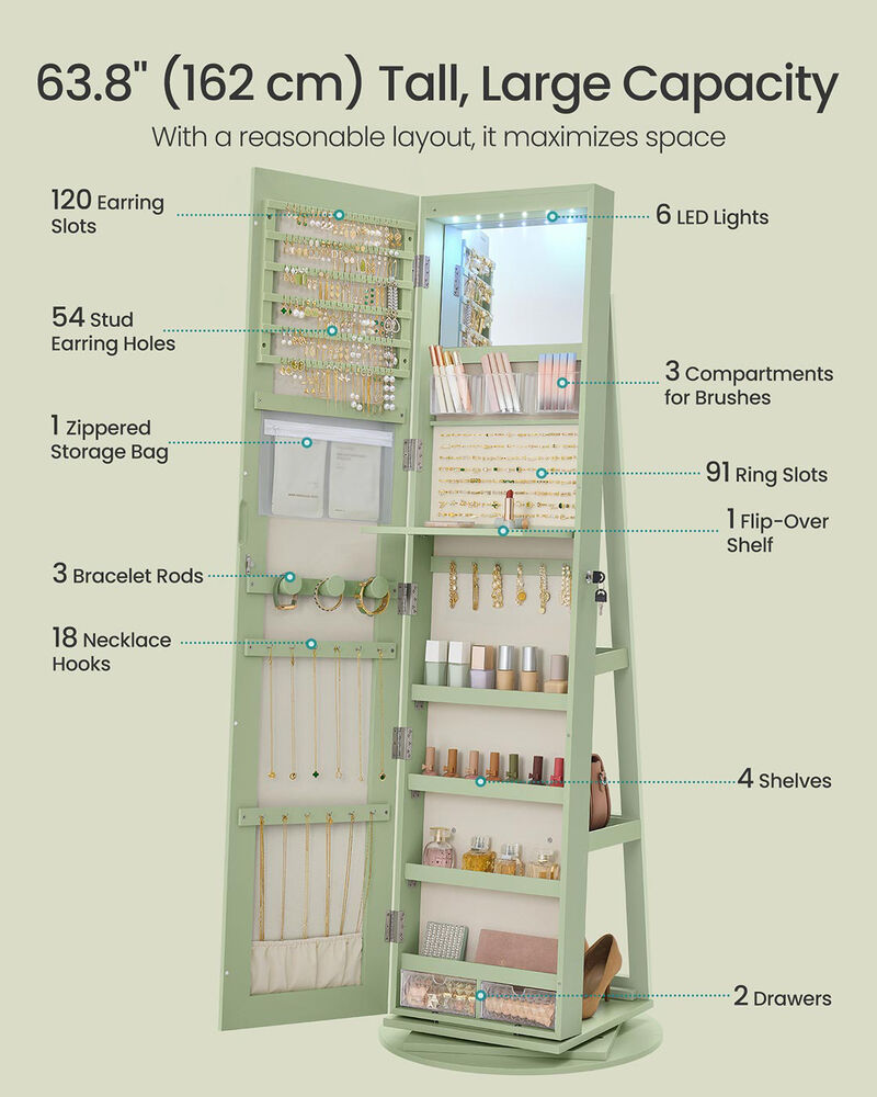 Jewelry Storage Cabinet with Mirror 6 LEDs Lockable Cream Lining image number 4