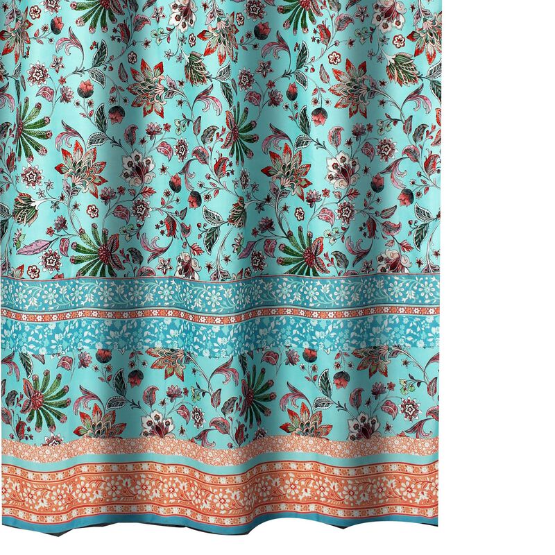 Athens 72 Inch Shower Curtain, Blue Microfiber Polyester, Jacobean Print-Benzara