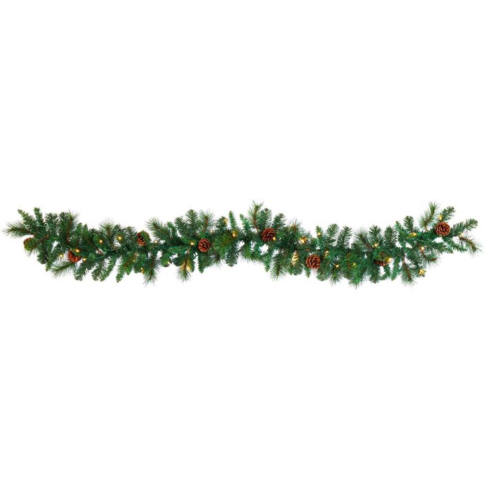 Nearly Natural 6-ft Mixed Pine and Pinecone Artificial Garland with 35 Clear LED Lights