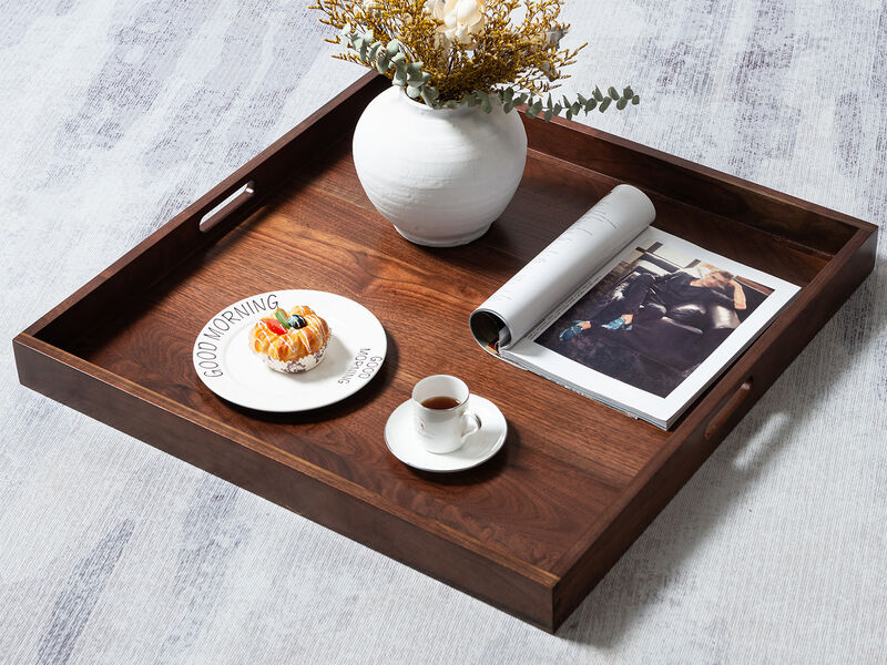 KINWELL Square Black Walnut Wood Serving Tray Ottoman Tray with Handles image number 1