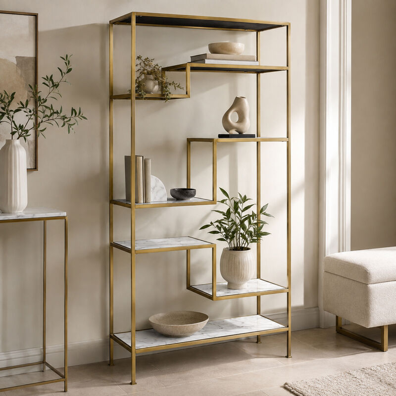 Teamson 5-Tier Display Shelf, Faux Marble Shelves, Brass Metal Frame, 40 x 13.5 x 72in, Open Storage Bookcase, Anti-Tip Hardware, Modern Marmo Collection image number 1