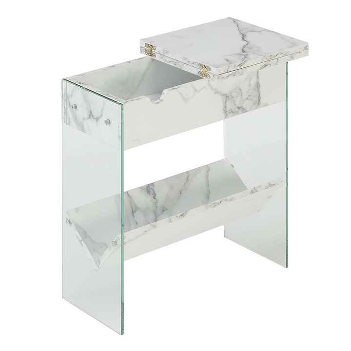 Convenience Concepts SoHo Flip Top End Table with Charging Station and Shelf, White Faux Marble/Glass