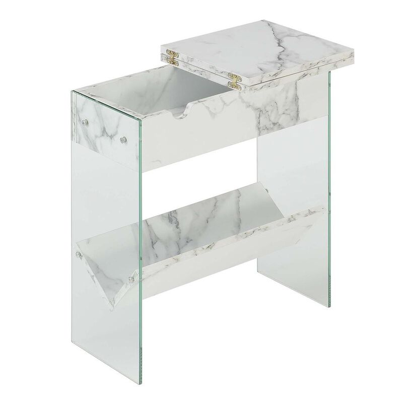 Convenience Concepts SoHo Flip Top End Table with Charging Station and Shelf, White Faux Marble/Glass