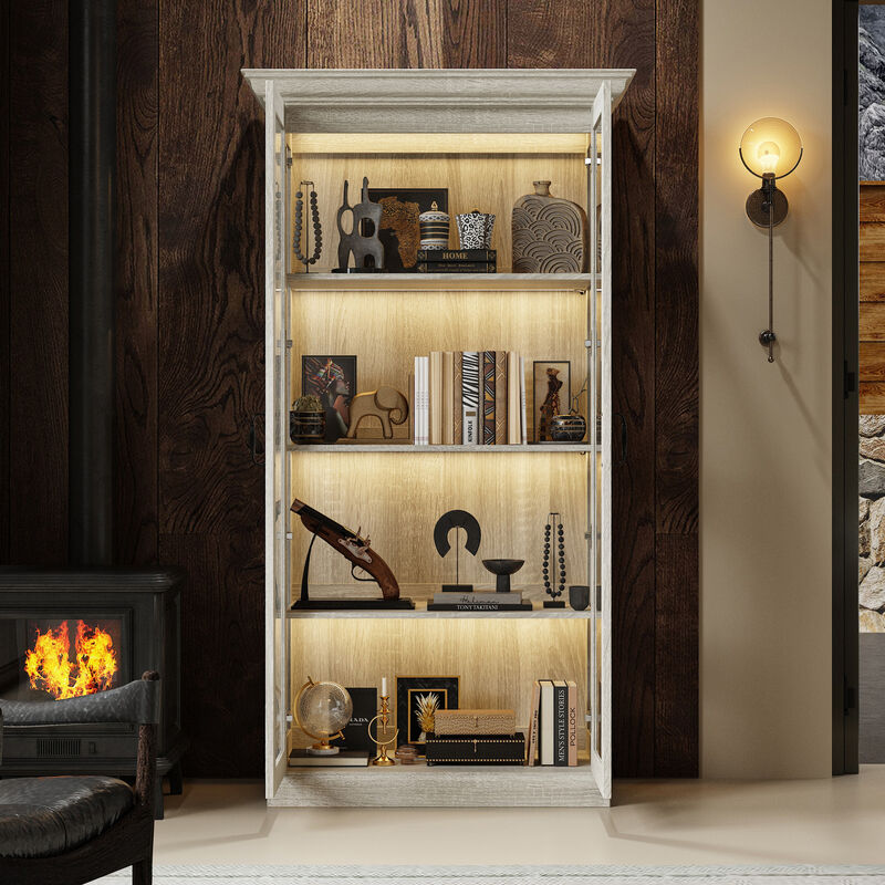 FUFU&GAGA Tall Glass Display Cabinet with LED Strip Light (37" W x 18.5" D x 69.3" H), Saw-Cut Gray Oak Finish