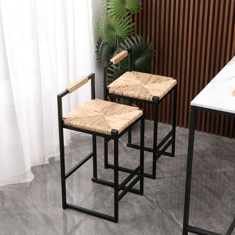 Set of 2 Water Hyacinth Woven Bar Stools with Back Support Counter Height Dining Chairs for Kitchen, Home, Office (Water Hyacinth with Back)