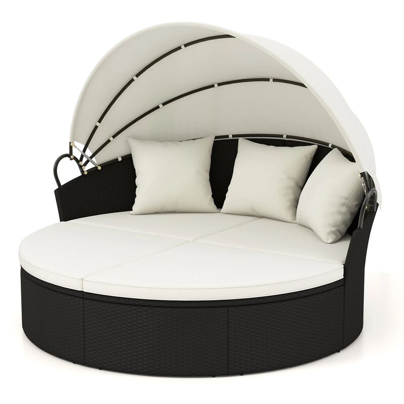 Mondawe Clamshell Patio Round Daybed Wicker with Retractable Canopy and Pillows