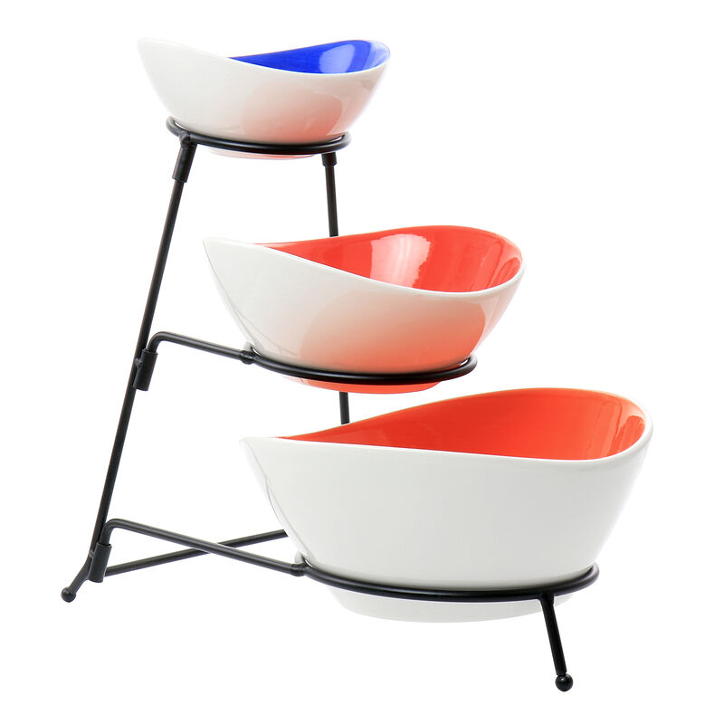 Gibson Home Crenshaw 4 Piece Hand Painted Stoneware 3-Tier Serving Bowl Set with Metal Rack