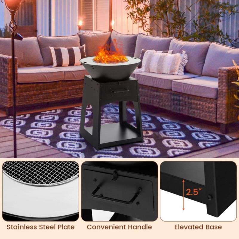 Hivvago Patio Fire Pit with Firewood Log Rack with Grill and Ash Box