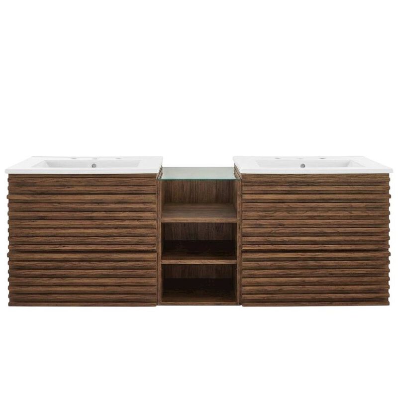Walnut White 62-Inch Wall-Mount Double Sink Bathroom Vanity image number 1