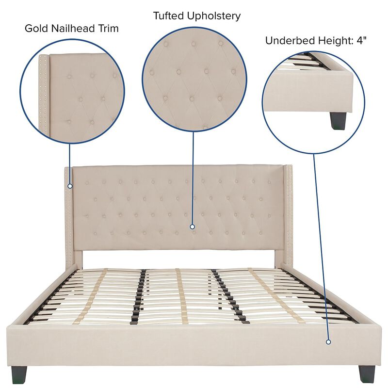 Flash Furniture Riverdale King Size Tufted Upholstered Platform Bed in Beige Fabric