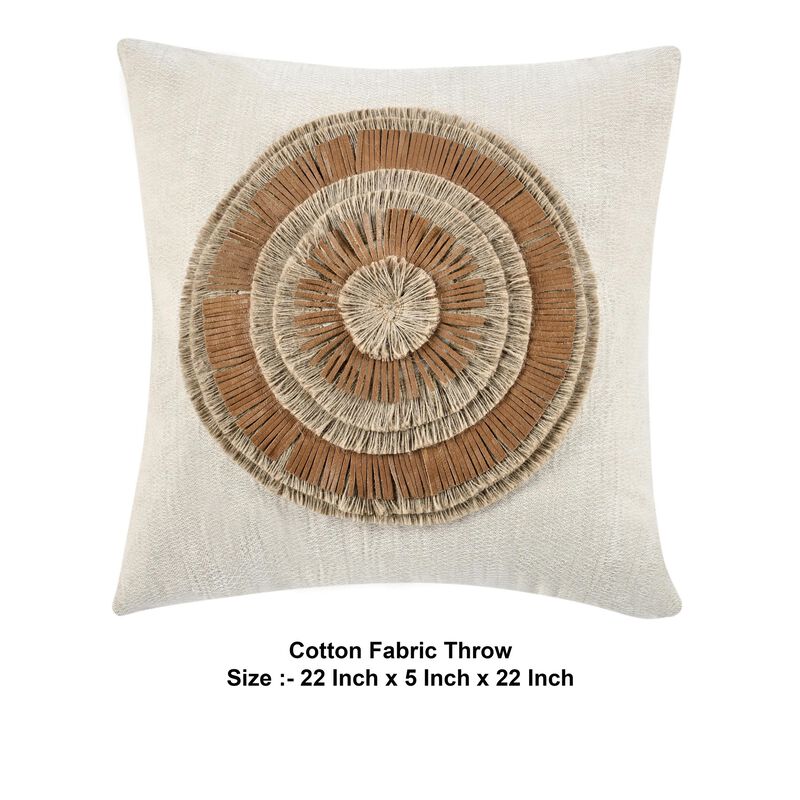 Square Accent Throw Pillow, 22 Inch Ivory Cotton, Brown Leather, Jute - Benzara