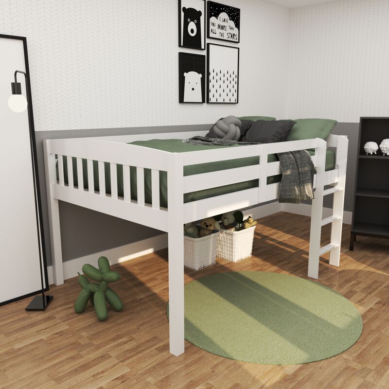 Elbrus White Low Loft Bed with Storage, Space Saver Full Size Kids Loft Bed with Stairs for Toddlers Assembled in Sturdy Elliotis Pine, No Box Spring Needed