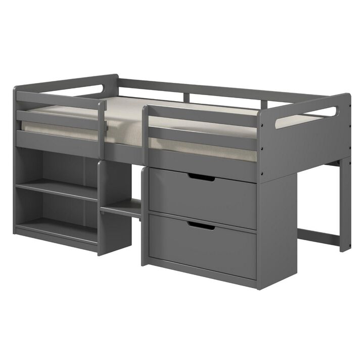Classic Wood Twin Loft Bed with Storage, 3 Drawers, 2 Compartments, Gray-Benzara