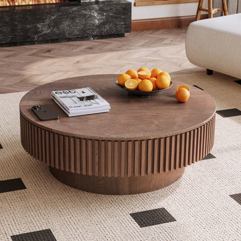 Round coffee table with storage Solid wood veneer and MDF coffee table with fluted base Modern accent coffee table for living room image number 4