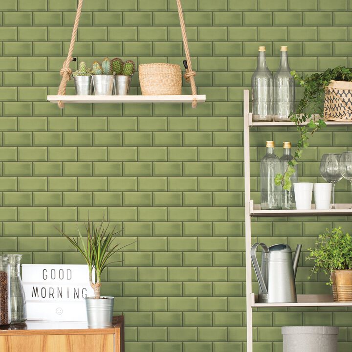 Just Kitchens Metro Tile Green Wallpaper G45446