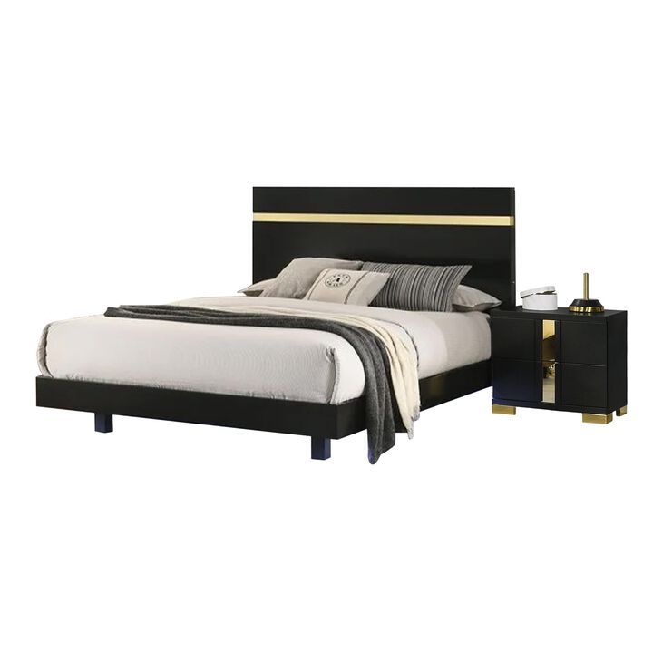 Yoki 4pc Queen Bedroom Set w Underbed LED, Black Wood and Gold Accents