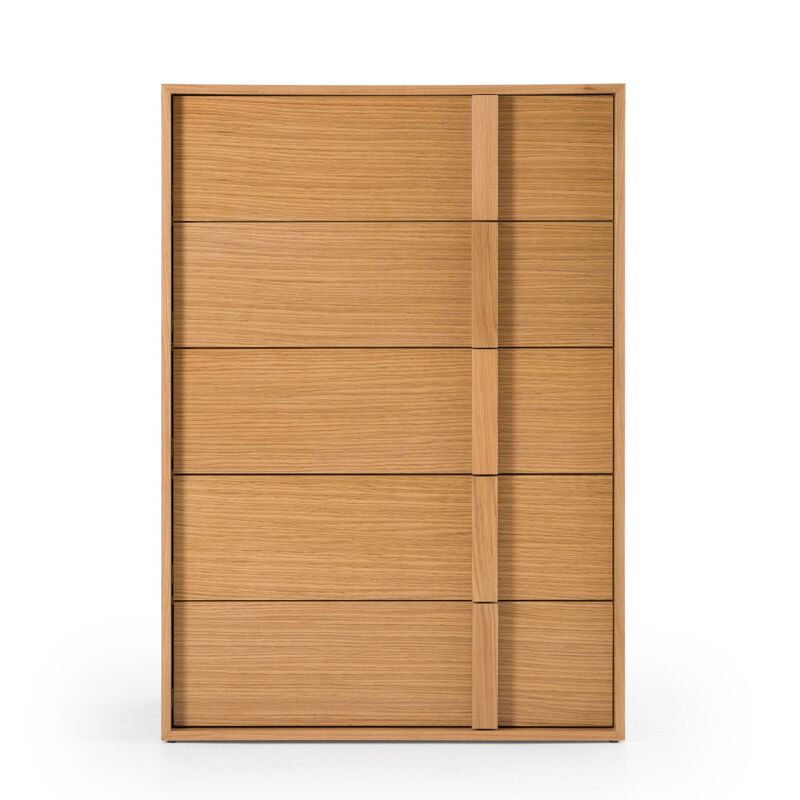 Lina Tall Dresser Chest, 5 Drawers, Natural Brown Oak Veneer - Benzara