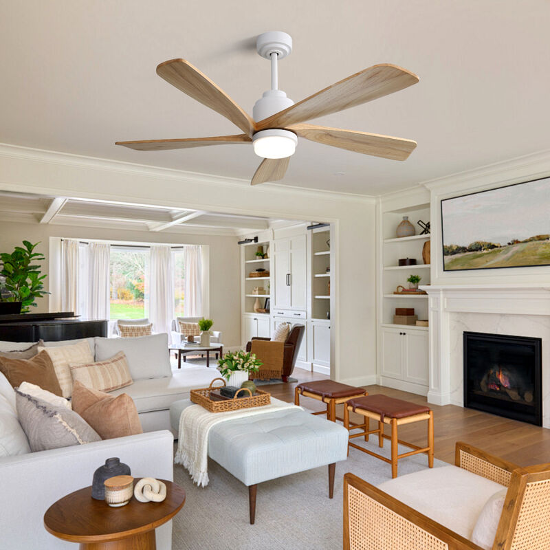 52" Ceiling Fan With Dimmable LED Light 5 Solid Wood Blades Remote Control Reversible DC Motor image number 1