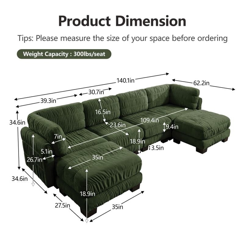 4 seat modular sectional sofa, Chenille L shaped sectional couch with ruched detailing, Modular sectional with 2 movable ottomans image number 2