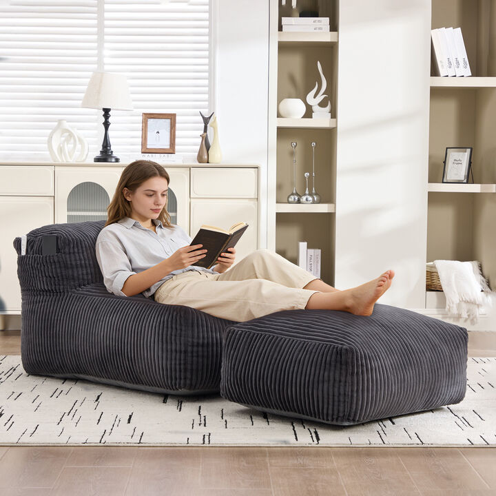 Large Bean Bag Chair for Adults with Ottoman, Soft Corduroy Bean Bag Sofa, Ergonomic Lounger for Living Room, Bedroom, Dorm & Balcony