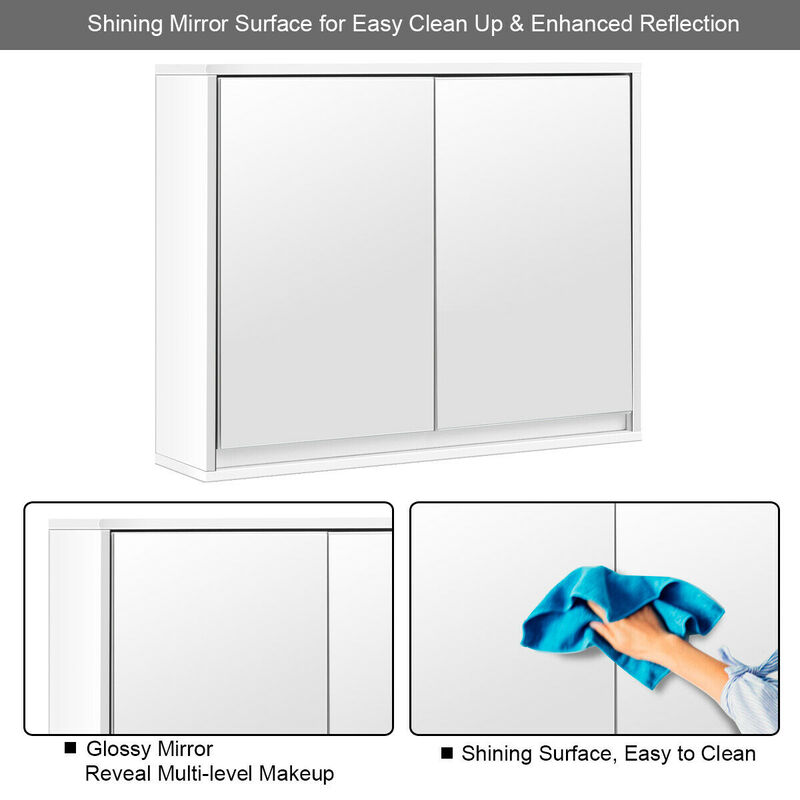 Costway Wall Mounted Bathroom Medicine Cabinet Storage Cabinet Double Mirror Door Organizer Shelf White