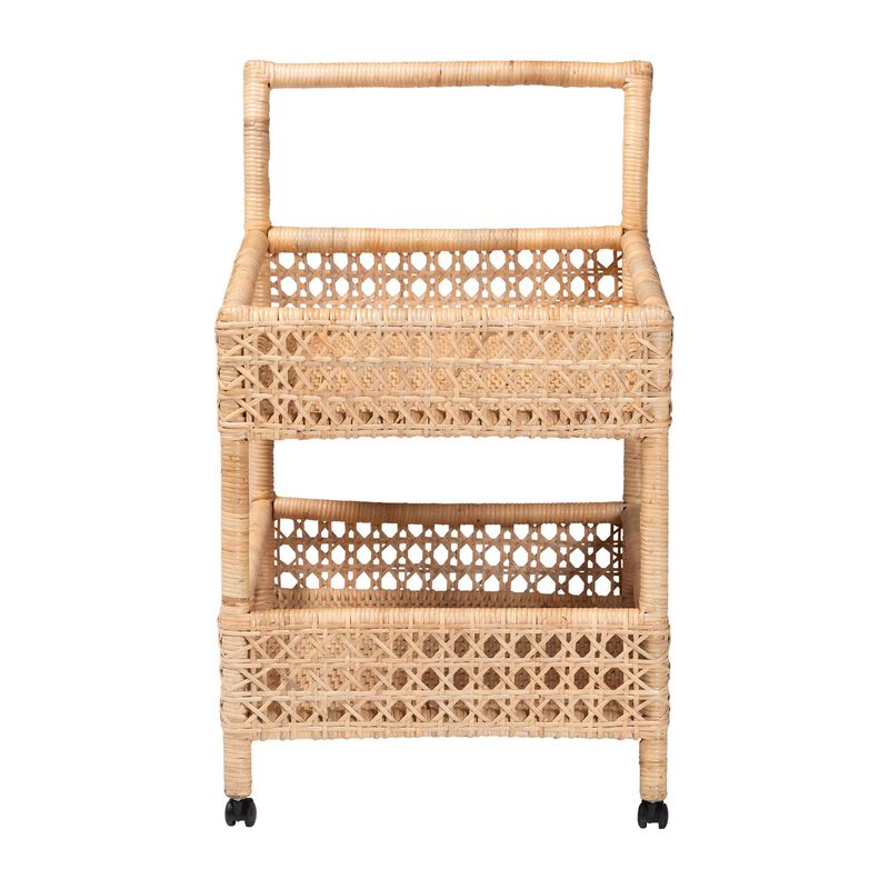 bali & pari Alaina Natural Rattan Kitchen Cart - 2-Tier Handwoven Wicker Storage Trolley with Handle for Kitchen or Lounge image number 2