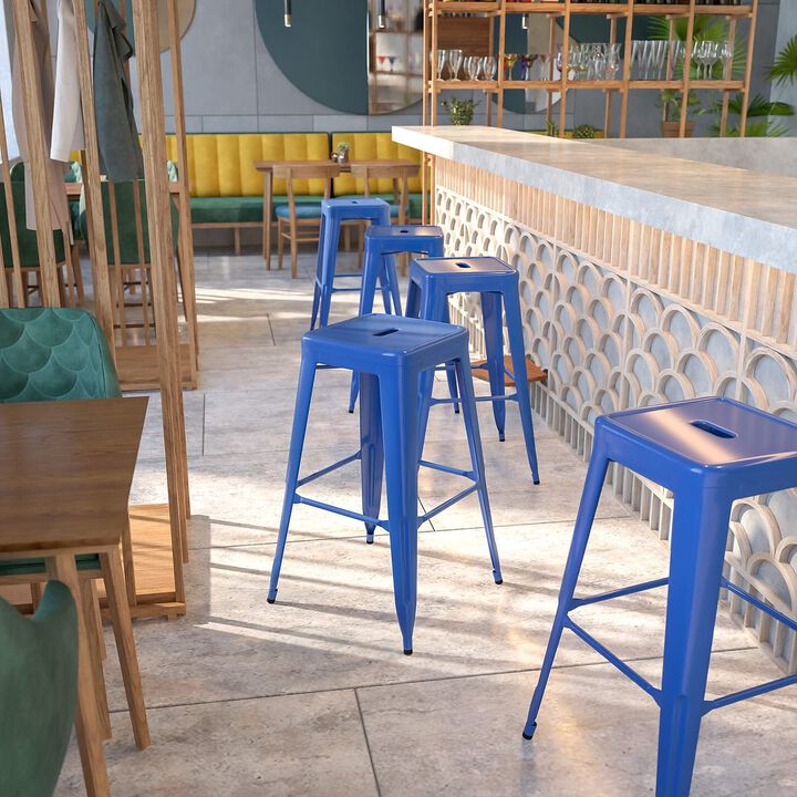 Flash Furniture Commercial Grade 30" High Backless Blue Metal Indoor-Outdoor Barstool with Square Seat