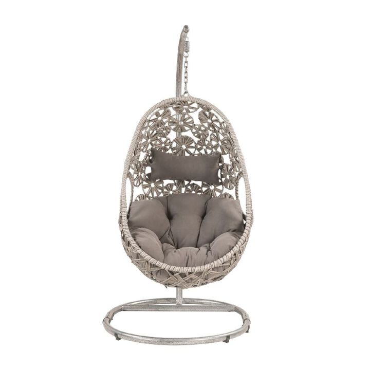 Patio Hanging Chair with Open Circular Motifs and Wicker Frame, Gray - Benzara