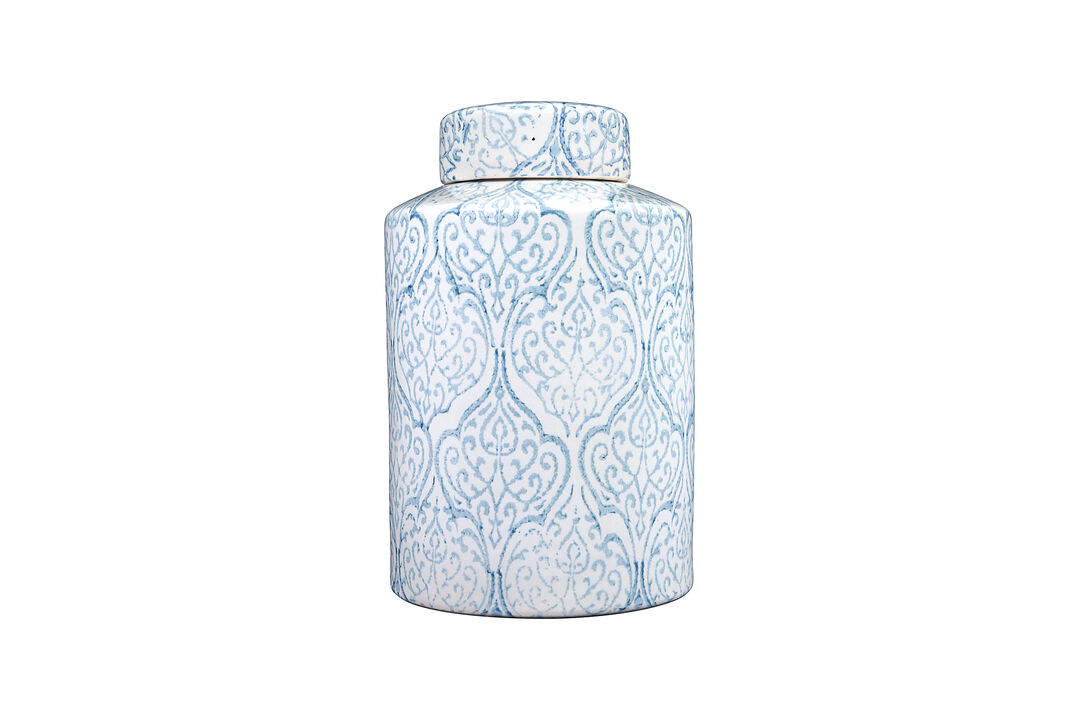 Decorative Tall Ceramic Ginger Jar with Lid, Blue and White